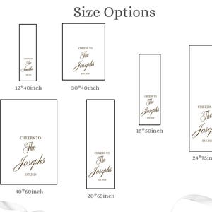 Peut inclure: Un tableau d'options de taille pour des panneaux rectangulaires avec le texte Cheers to The Smiths ou Cheers to The Josephs et Est. 2026. Le tableau pr&eacute;sente six panneaux verticaux aux dimensions de 12x40, 30x40, 15x50, 24x75, 40x60 et 20x63 pouces.