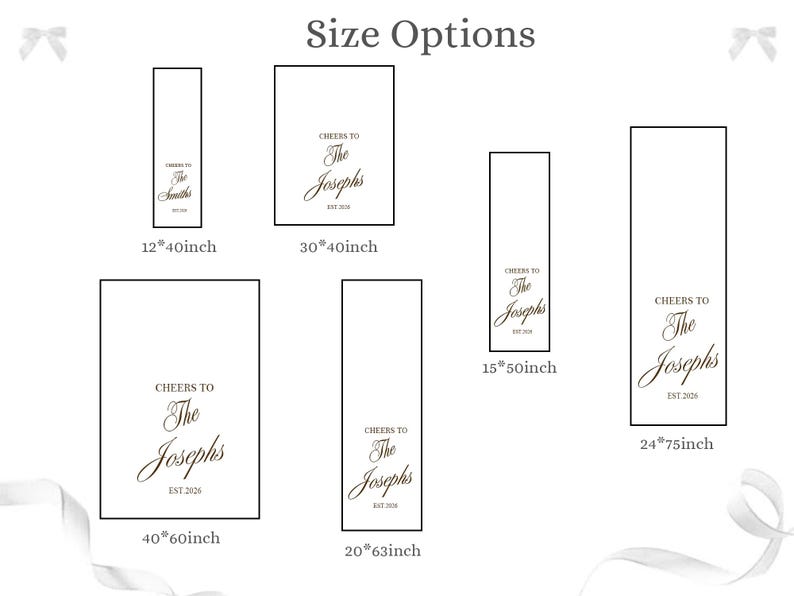 Peut inclure: Un tableau d'options de taille pour des panneaux rectangulaires avec le texte Cheers to The Smiths ou Cheers to The Josephs et Est. 2026. Le tableau pr&eacute;sente six panneaux verticaux aux dimensions de 12x40, 30x40, 15x50, 24x75, 40x60 et 20x63 pouces.