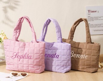 Personalized Quilted Tote Bag, Custom Bridesmaid Gift, Embroidered Bachelorette Party Favor, Wedding Tote