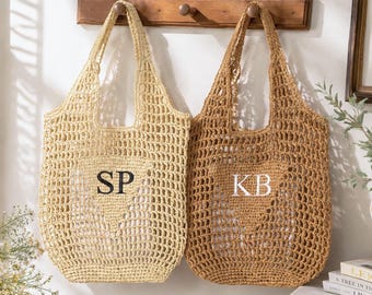 Personalized Raffia Beach Tote, Custom Embroidered Straw Handle Bag, Initials Bachelorette Party Bags