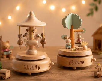 Handmade Carousel Music Box, Musical Wooden Ballerina Boxes, Engraved Name Music Keepsake, Baby Shower
