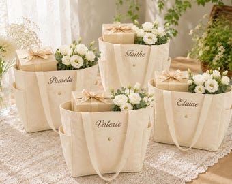 Embroidered Bridesmaid Tote Bag, Canvas Beach Bag With Initial Ribbon, Bridal Party Gift Bags