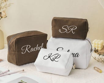 Embroidered Waffle Cosmetic Bag, Custom Bridesmaid Gift Bags, Travel Makeup Case, Bridal Party Bags