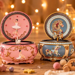 May include: Two round music boxes with ornate gold detailing. The pink box features a ballerina and a swan on the lid and a seated dancer on the base. The blue box features a carousel horse on the lid and a carousel horse on the base.