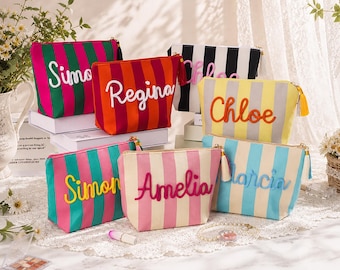 Custom Striped Makeup Bag, Corduroy Name Cosmetic Pouch, Travel Toiletry Bag, Bridesmaid Gift Bags