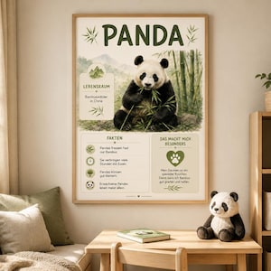 May include: A framed poster with a panda bear illustration, with text in German. The poster includes the word "PANDA" at the top, and information about the panda's habitat and diet. A panda soft toy is on a wooden table in front of the poster.