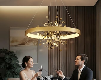 Modern Ring LED Pendant Light, Gold Halo Chandelier for Dining Room, Minimalist Room Lighting