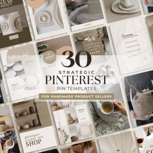 Puede incluir: Una colección de 30 plantillas estratégicas de Pinterest para vendedores de productos hechos a mano, con varios diseños en paletas de colores neutros, imágenes de cerámica y superposiciones de texto como New Product, Myth is Fact y Shop Now.