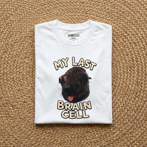 May include: A white short-sleeved t-shirt featuring a graphic of a dark brown seal with its tongue out. The text above the seal reads MY LAST and the text below reads BRAIN CELL in a light tan font. The inner neck label displays NocsWear and SMALL.