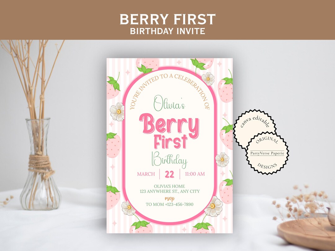 Berry First Birthday Invitation Template, 1st Pink Gingham Birthday ...