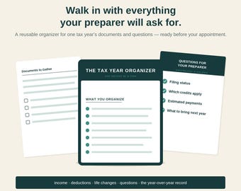 Sheaf Tax Year Organizer | Reusable Year-over-Year Tax Document Organizer for Your Tax Preparer | Fillable Printable PDF Tax Checklist