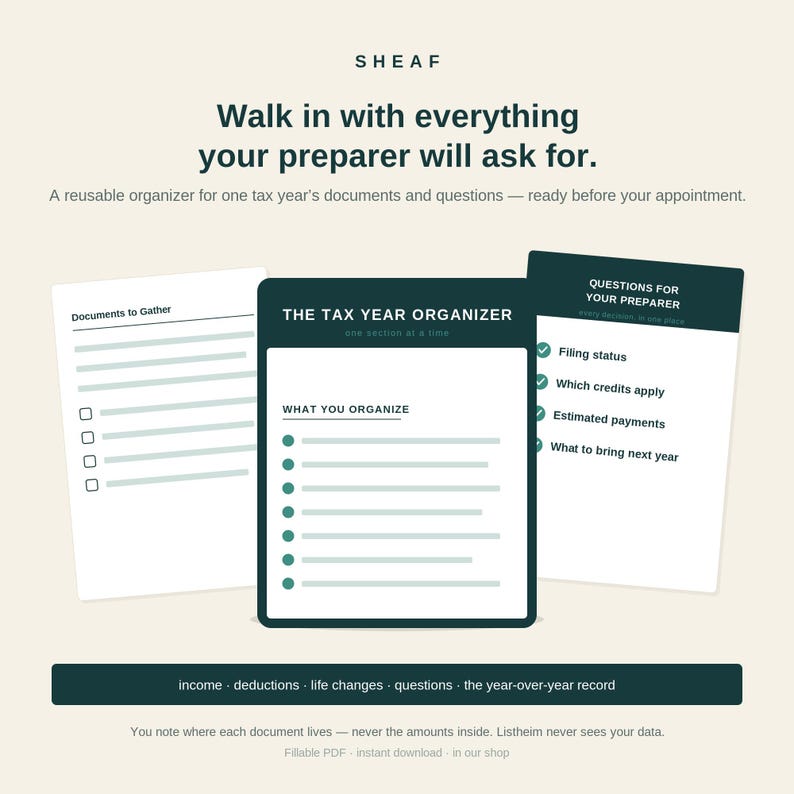 Sheaf Tax Year Organizer | Reusable Year-over-Year Tax Document Organizer for Your Tax Preparer | Fillable Printable PDF Tax Checklist image 1