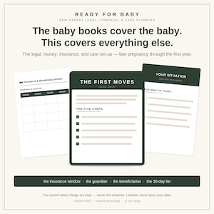 May include: A digital planning document titled Ready for Baby, featuring sections for legal, financial, and care planning. It includes pages labeled Insurance & Beneficiary Review, The First Moves, and Your Situation, with checklists and tables.