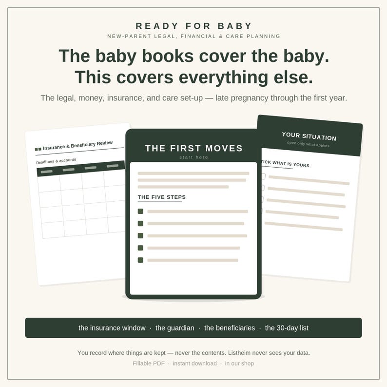 May include: A digital planning document titled Ready for Baby, featuring sections for legal, financial, and care planning. It includes pages labeled Insurance & Beneficiary Review, The First Moves, and Your Situation, with checklists and tables.