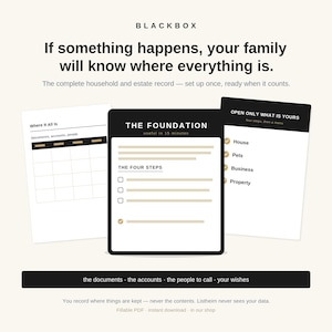 以下が含まれることがあります： Blackboxというタイトルのデジタル家計・遺産記録オーガナイザー。黒いヘッダーと金色のアクセントが付いた3枚の白いドキュメントページで構成されており、「The Foundation」、「Where It All Is」、「Open Only What Is Yours」などのテキストが表示されています。