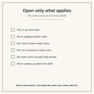 May include: A white checklist with the heading Open only what applies and the subheading the suite routes to your household. It lists six options including first child, adding another child, sitter-ready sheet, returning to work, private records, and pre-birth setup.