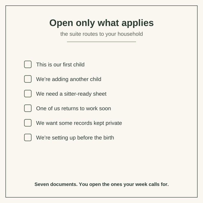 May include: A white checklist with the heading Open only what applies and the subheading the suite routes to your household. It lists six options including first child, adding another child, sitter-ready sheet, returning to work, private records, and pre-birth setup.