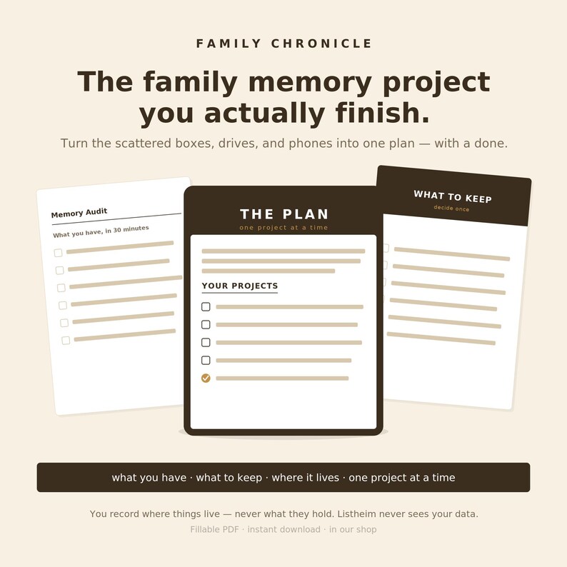 Family Memory Project Planner | Decide What to Keep, Plan Each Project, Map Where It Lives | Fillable PDF — Family Chronicle image 1