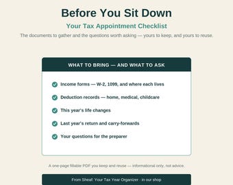 Tax Appointment Checklist | What to Bring to Your Tax Preparer | Fillable Printable Tax Prep Document and Question List PDF
