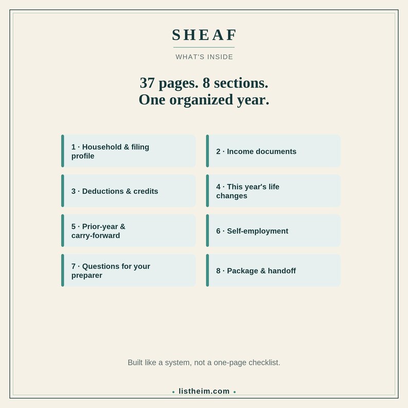 Sheaf Tax Year Organizer | Reusable Year-over-Year Tax Document Organizer for Your Tax Preparer | Fillable Printable PDF Tax Checklist image 6