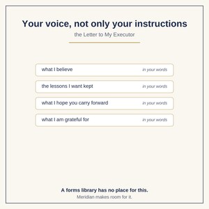 Puede incluir: Un documento titulado Your voice, not only your instructions, the Letter to My Executor. Presenta cuatro indicaciones: what I believe, the lessons I want kept, what I hope you carry forward y what I am grateful for, cada una con el texto in your words.