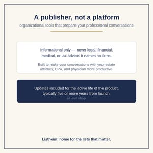 Puede incluir: Una pantalla gr&aacute;fica con el texto A publisher, not a platform, organizational tools that prepare your professional conversations. Incluye un cuadro blanco con avisos informativos y un cuadro azul oscuro sobre las actualizaciones del producto.