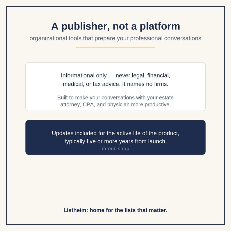 Puede incluir: Una pantalla gr&aacute;fica con el texto A publisher, not a platform, organizational tools that prepare your professional conversations. Incluye un cuadro blanco con avisos informativos y un cuadro azul oscuro sobre las actualizaciones del producto.