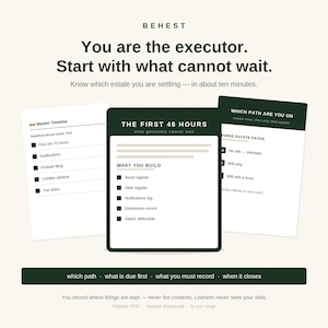 May include: A digital estate planning guide titled BEHEST featuring three documents. The central page is headed THE FIRST 48 HOURS and lists an asset register, debt register, notifications log, and distribution record. Text includes Master Timeline and Which Path Are You On.
