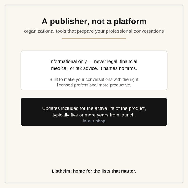以下が含まれることがあります： 黒いテキストが書かれた白い情報グラフィック：A publisher, not a platform, organizational tools that prepare your professional conversations。法的免責事項が記載された白いボックスと、アップデートに関する黒いボックスが含まれています。