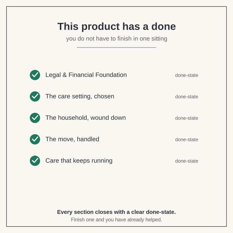 May include: A checklist graphic with the text This product has a done, you do not have to finish in one sitting. It lists five items with green checkmarks and the text done-state, ending with Every section closes with a clear done-state.