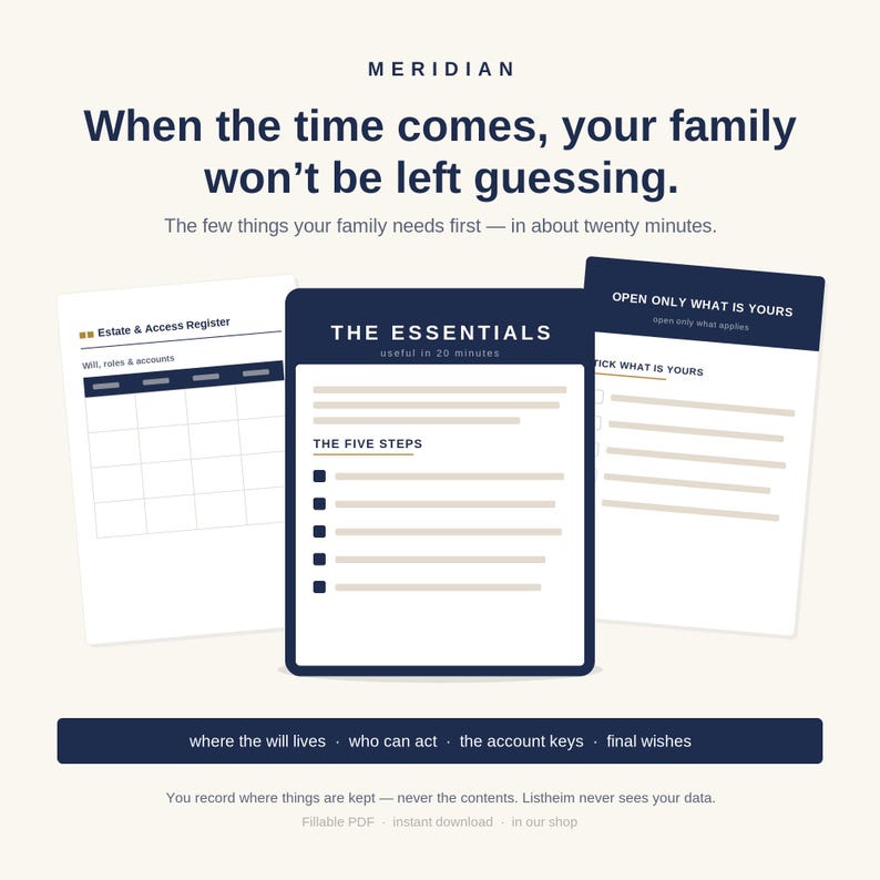 Puede incluir: Un conjunto de documentos digitales de planificaci&oacute;n patrimonial titulado Meridian, con tres p&aacute;ginas blancas con encabezados azul oscuro. El texto incluye When the time comes, your family won't be left guessing, The Essentials, Estate & Access Register y The Five Steps.