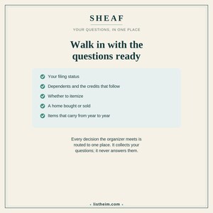 May include: A cream-colored informational graphic titled SHEAF, YOUR QUESTIONS, IN ONE PLACE. It lists tax-related topics including filing status, dependents, itemizing, home sales, and carryover items, with a concluding note about the organizer.
