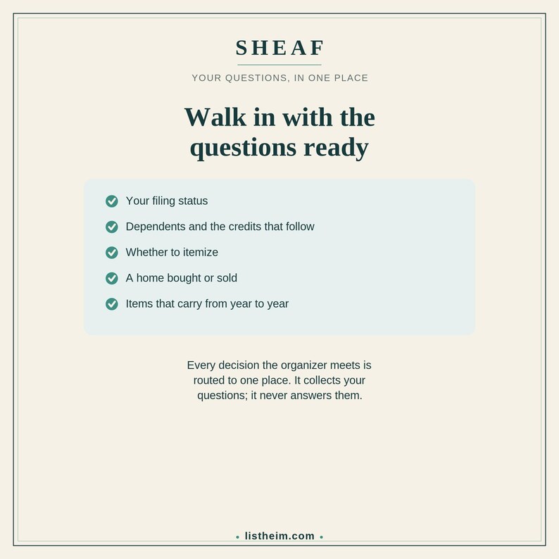May include: A cream-colored informational graphic titled SHEAF, YOUR QUESTIONS, IN ONE PLACE. It lists tax-related topics including filing status, dependents, itemizing, home sales, and carryover items, with a concluding note about the organizer.