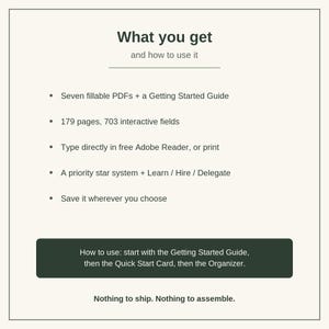 May include: A digital product information card titled What you get and how to use it. It lists seven fillable PDFs, a Getting Started Guide, 179 pages, 703 interactive fields, Adobe Reader compatibility, a priority star system, and saving options.