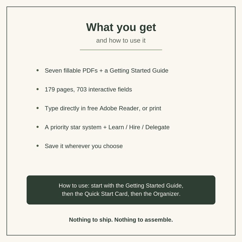 May include: A digital product information card titled What you get and how to use it. It lists seven fillable PDFs, a Getting Started Guide, 179 pages, 703 interactive fields, Adobe Reader compatibility, a priority star system, and saving options.