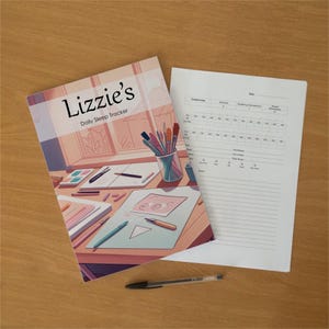 May include: A paper booklet titled Lizzie's Daily Sleep Tracker with an illustrated cover showing a desk with art supplies, alongside a white printed sleep tracking form with a timeline key and lined sections, and a single black ballpoint pen.