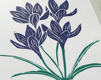 Crocus Flower Lino Print in Purple and Green on A5 size 120gsm paper