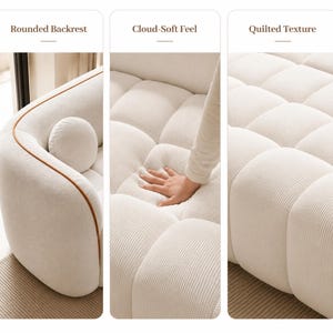 May include: A cream-colored sofa featuring a rounded backrest, a quilted texture, and a soft surface. The design includes a brown piping detail along the edge of the backrest. The upholstery has a ribbed fabric finish, and the overall structure appears plush and cushioned for seating.