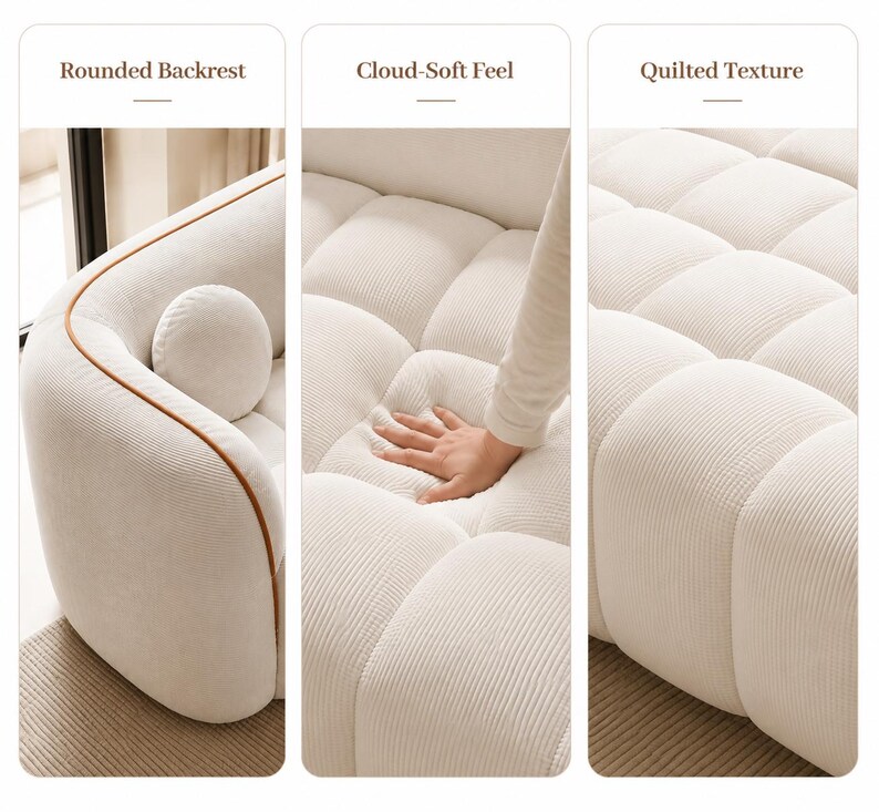 May include: A cream-colored sofa featuring a rounded backrest, a quilted texture, and a soft surface. The design includes a brown piping detail along the edge of the backrest. The upholstery has a ribbed fabric finish, and the overall structure appears plush and cushioned for seating.