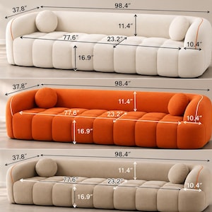 May include: Three rectangular sofas in ivory, orange, and beige, each featuring a tufted seat and two round bolster pillows. Dimensions are clearly labeled in inches, showing a total length of 98.4 inches, a height of 27.1 inches, and a depth of 37.8 inches.