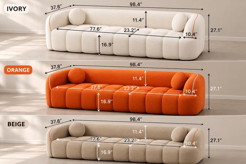 May include: Three rectangular sofas in ivory, orange, and beige, each featuring a tufted seat and two round bolster pillows. Dimensions are clearly labeled in inches, showing a total length of 98.4 inches, a height of 27.1 inches, and a depth of 37.8 inches.