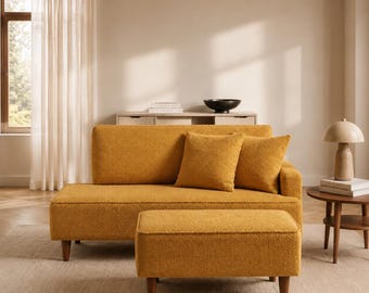 Bouclé Chaise Lounge with Ottoman, Convertible Daybed Sofa, 2 Pillows