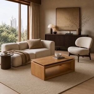 May include: A modern living room with neutral tones. Features a cream-colored sofa, a wooden coffee table, and a patterned rug. A side table, a chair, and a dark wood cabinet are also present. A large window offers a view of a cityscape.