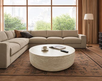 Round Drum Coffee Table, 31.5 Inch, Mars Vein Stone Look, Sculptural Center Table