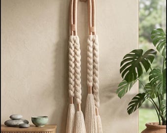 Puede incluir: Un tapiz de pared que presenta dos tubos largos y arqueados cubiertos de tela rosa claro que se transforman en secciones de cuerda trenzada de color crema. Cada trenza termina en una borla larga y fluida de color crema, creando un diseño simétrico.