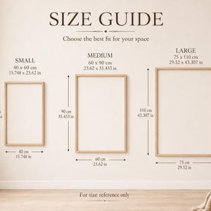 Puede incluir: Una gu&iacute;a de tama&ntilde;os con tres marcos rectangulares vac&iacute;os en tama&ntilde;os peque&ntilde;o, mediano y grande. El marco peque&ntilde;o mide 40 x 60 cm, el mediano 60 x 90 cm y el grande 75 x 110 cm. El texto incluye SIZE GUIDE y For size reference only.