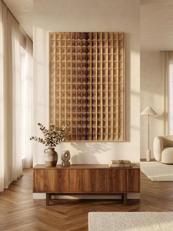 Large Framed Fiber Wall Art, Geometric Textile Wall Sculpture, Neutral 3D Textured Art, Modern Japandi Statement Decor