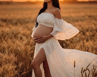 Boho Maternity Photo Shoot Dress, Two Piece Pregnancy Outfit for Photography, Off the Shoulder Maternity Set, Bohemian Maternity Gown - DM01