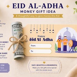 Könnte beinhalten: Eine Geldgeschenkidee für Eid Al-Adha. Eine aufgerollte Banknote, mit Bindfaden befestigt, ist an einem Geschenkanhänger mit den Worten "Happy Eid Al-Adha" befestigt. Der Anhänger hat Felder für "Von:" und "An:"