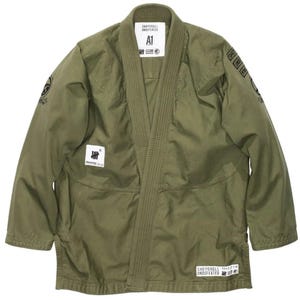 May include: Olive green martial arts uniform with a wrap-around design. The uniform features multiple patches and the text "SHOYOROLL UNDEFEATED" on the lapel and hem. The size tag reads "A1".